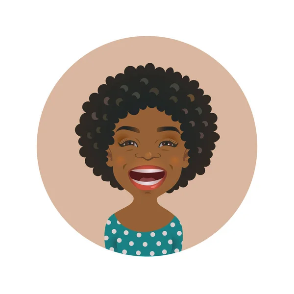 Mulher afro-americana sorridente avatar. Menina africana emoticon rir. Bonito preto pele alegre sorridente pessoa. Expressão facial lol de pele escura . — Vetor de Stock