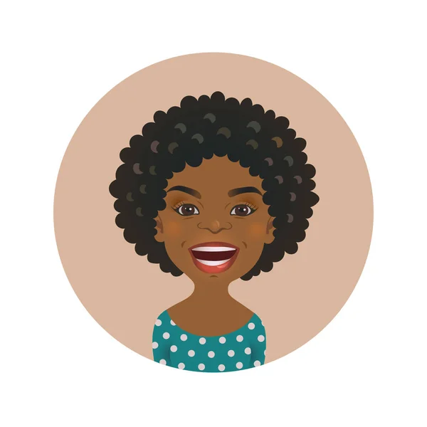 Schattig Afro-Amerikaanse vrouw gelukkig gelaatsuitdrukking. Afrikaanse meisje avatar glimlachen. Zwarte huid vrolijk persoon. Lachend gezicht voor cartoon-model donkerhuidige. — Stockvector
