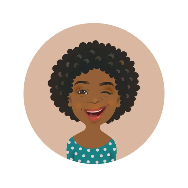 Una mujer afroamericana guiñando el ojo. Emoticono de cara africana juguetona. Linda chica de piel oscura expresión facial . Ilustración De Stock
