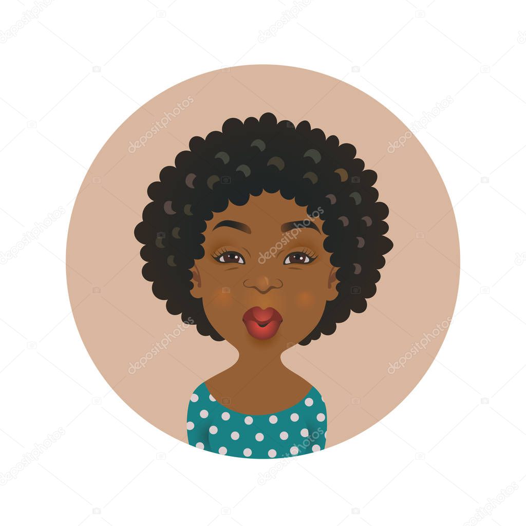 Cute Afro American kissing woman avatar. African girl love facial expression. Dark-skinned flirting person. Black skin cartoon model giving an air kiss 