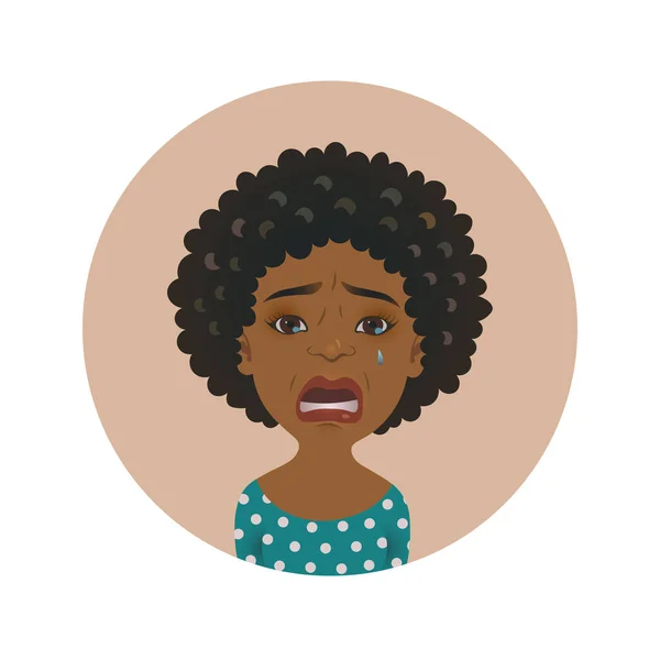 Schattig Afro-Amerikaanse vrouw avatar huilen. Huilerig Afrikaanse meisje. Huilen donkerhuidige cartoon model. Pijnlijke gezichtsuitdrukking. — Stockvector