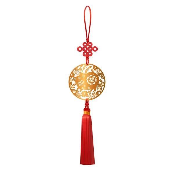 Goldener Anhänger mit Schwein und Glücksknoten. Chinesisches Neujahr traditionelles Tierkreis-Symbol für 2019 Papierschnitt rundes Design. — Stockvektor
