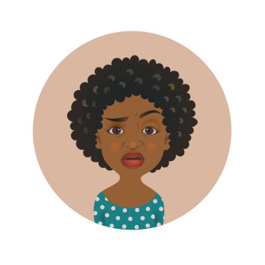 Sevimli alıngan Afro Amerikan kadın avatar. Aşırı eleştirel Afrikalı kız emojisi. Şüpheci koyu tenli kişi yüz ifadesi.