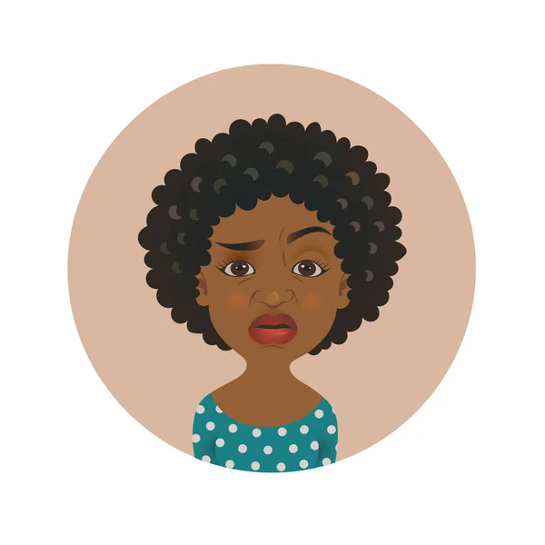 Linda mujer afroamericana exuberante avatar. Emoji de chica africana sobrecrítica. Expresión facial de persona de piel oscura escéptica . Vectores De Stock Sin Royalties Gratis