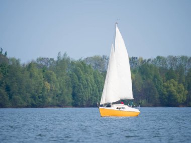 sarı ve beyaz tekne bir gölde güneşli bir günde baharda yelken.