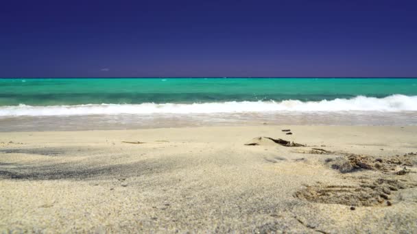 フエルテベントゥラ 砂の足跡 雲のない青空のビーチでの波 — ストック動画