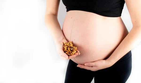 Mulher Grávida Segurando Granola Muesli Nas Mãos Conceito Alimentação Saudável — Fotografia de Stock