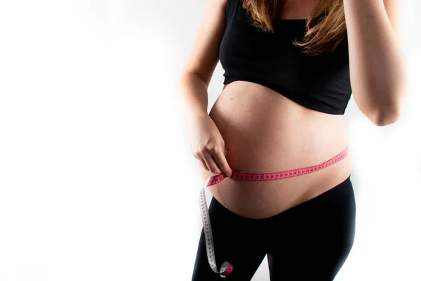 Young Pregnant Woman Measures Her Waist Measurement Tape Weight Diet — Stock Photo, Image