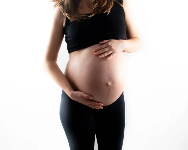 Modelo Mulher Grávida Tocando Sua Barriga Gravidez Abdômen Isolado Fundo — Fotografia de Stock