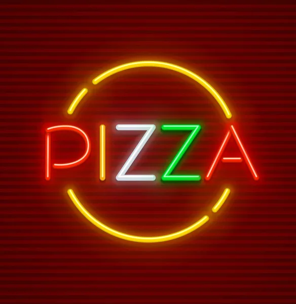 Pizza letrero de neón con iluminación comida italiana — Vector de stock