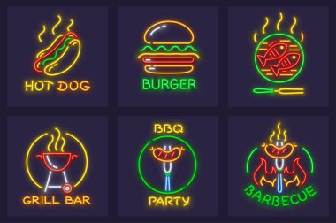Barbekü için neon simgeler kümesi