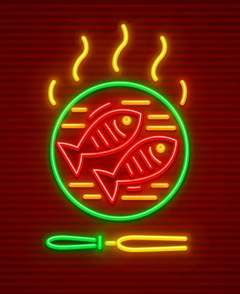 Asado de pescado en picnic de barbacoa de sartén caliente — Vector de stock