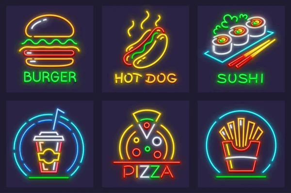 Conjunto de fast food ícones de néon hambúrguer — Vetor de Stock