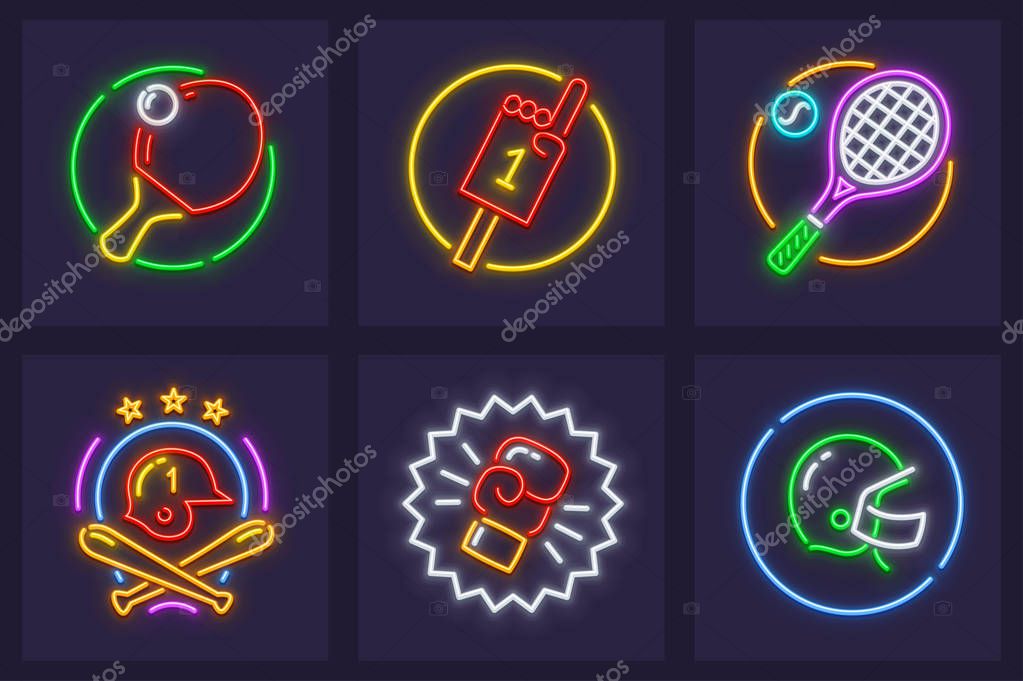 Set of neon icons for sporting games. Rackets and balls for playing table and big tennis, bats, helmets for baseball and american football, boxing glove. EPS10.