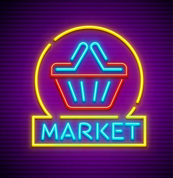 Cesta de compras no ícone de sinal de néon de supermercado — Vetor de Stock