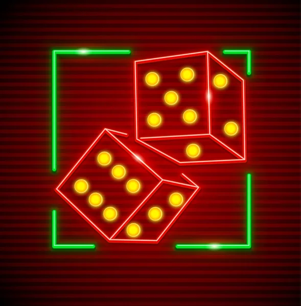 Cubi per giocare a dadi nell'icona al neon del casinò — Vettoriale Stock
