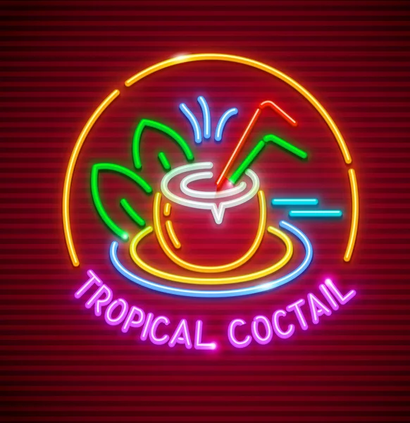 Tropical cocktail refreshing drink in coconut Neon — Stock Vector
