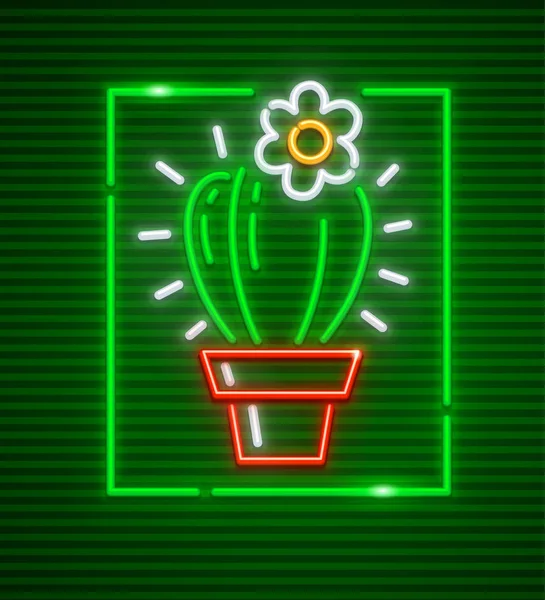 Kaktus mit Blume im Blumentopf. Neon — Stockvektor