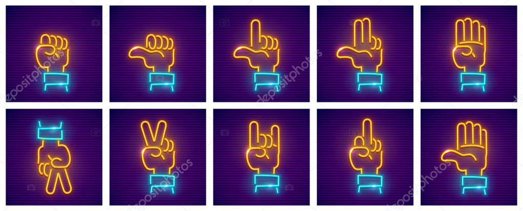 Set of hand gestures neon icons