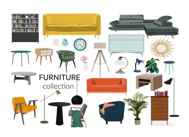 Mobilya koleksiyonu vektör iç tasarım elemanları moodboard