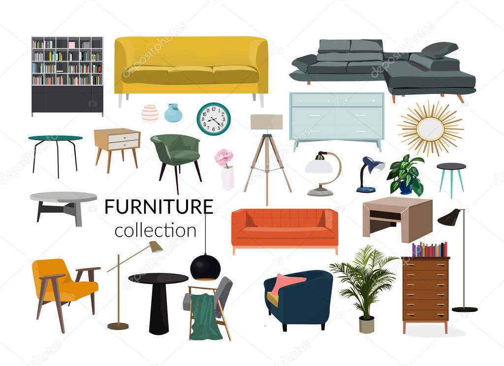 Furniture collection. vector interior design elements moodboard