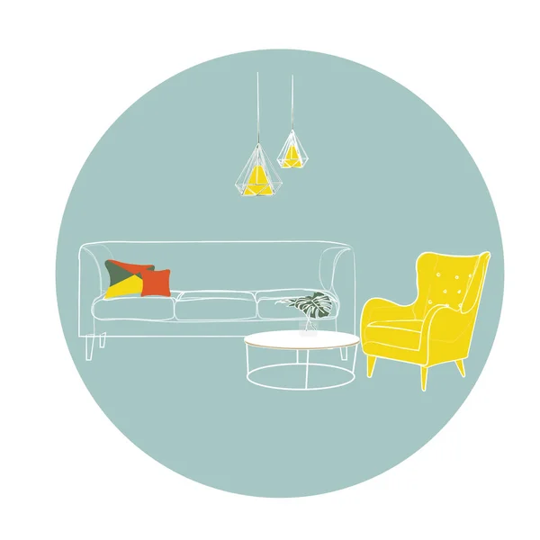 ベクターのインテリアデザイン手描きイラスト リビングルームの家具のスケッチ インテリアデザインイラスト — ストックベクタ