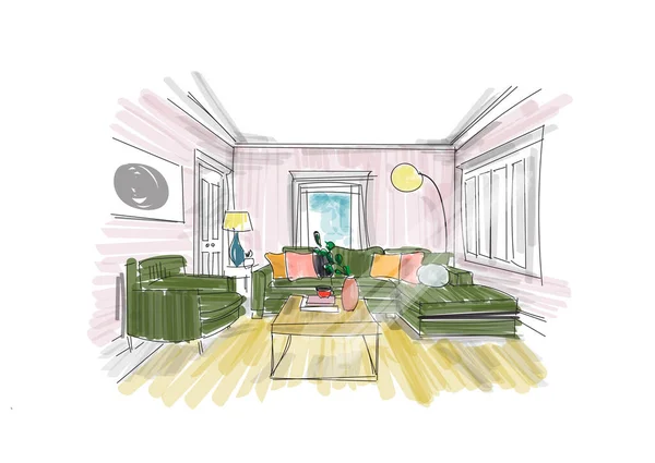 Vector Diseño Interior Ilustración Dibujada Mano Dibujo Muebles Sala Estar — Vector de stock