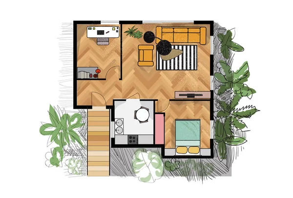 Plan Étage Rendu Illustration Vectorielle Maison Maison Dessin Architectural Design — Image vectorielle