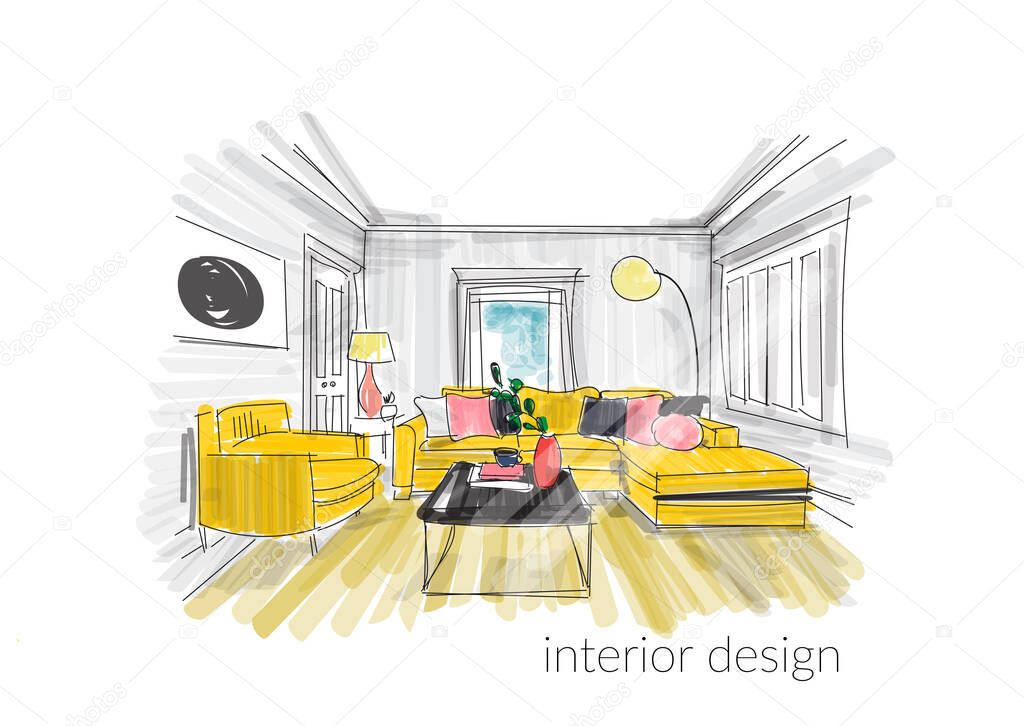 Vector interior design hand drawn illustration. living room furniture sketch.  interior design illustration.