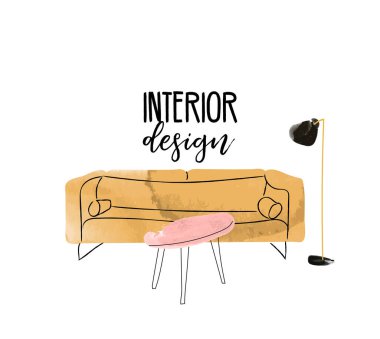 vektör iç tasarım el çizimi illüstrasyon. Oturma odası mobilyası taslağı. iç tasarım illüstrasyonu.