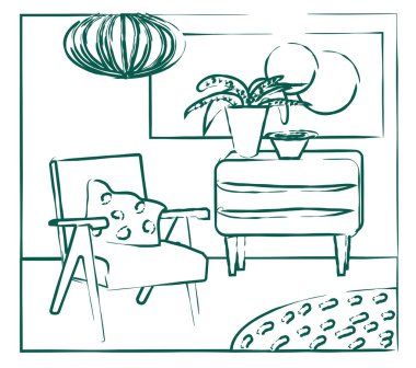 vektör iç tasarım el çizimi illüstrasyon. Oturma odası mobilyası taslağı. iç tasarım illüstrasyonu.