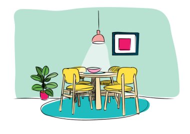 Mutfak yemek odası çizimi. Ev dekorasyonu. Modern ev, sandalye, masa, fırın, lamba, bitki. Kahve fincanı. Danimarka orta yüzyılı. Sevimli ve mutlu..