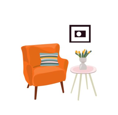 vektör iç tasarım el çizimi illüstrasyon. Oturma odası mobilyası taslağı. iç tasarım illüstrasyonu.