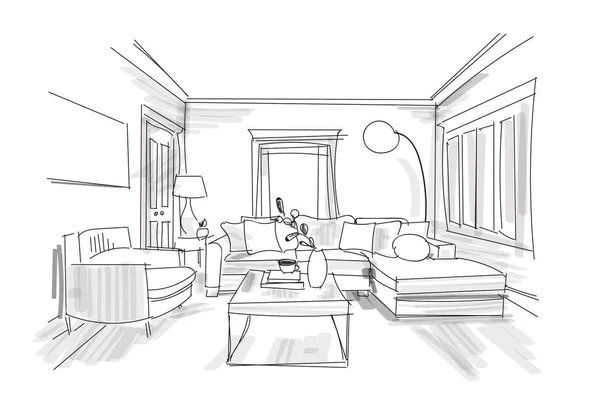 ベクターのインテリアデザイン手描きイラスト リビングルームの家具のスケッチ インテリアデザインイラスト — ストックベクタ