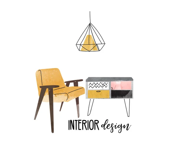 Design Interiores Vetorial Ilustração Desenhada Mão Sala Estar Móveis Esboço —  Vetores de Stock