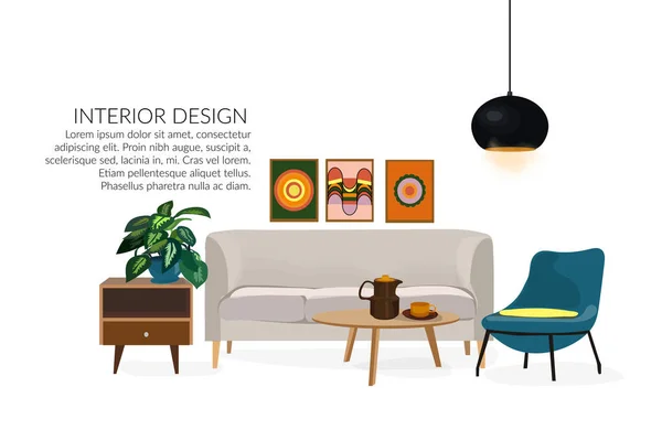 Vector Diseño Interior Ilustración Dibujada Mano Dibujo Muebles Sala Estar — Vector de stock