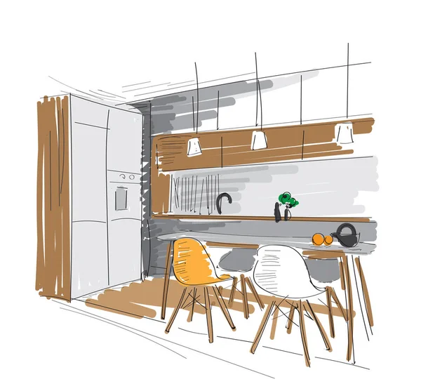 Küche Esszimmer Skizze Markierstiftzeichnung Innenarchitektur Visualisiert — Stockvektor