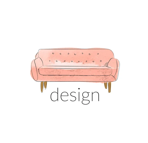 Aquarell Sofa Illustration Innenarchitektur Zeichen Logo Handgezeichnete Skizze Von Möbeln — Stockvektor