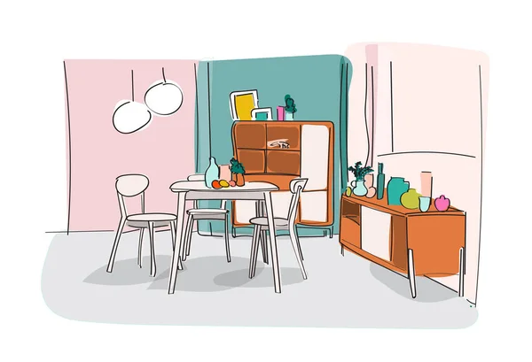 Mutfak Yemek Odası Çizimi Dekorasyonu Modern Sandalye Masa Fırın Lamba — Stok Vektör
