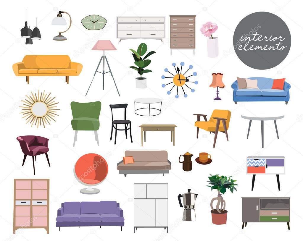 Furniture collection. vector interior design elements.