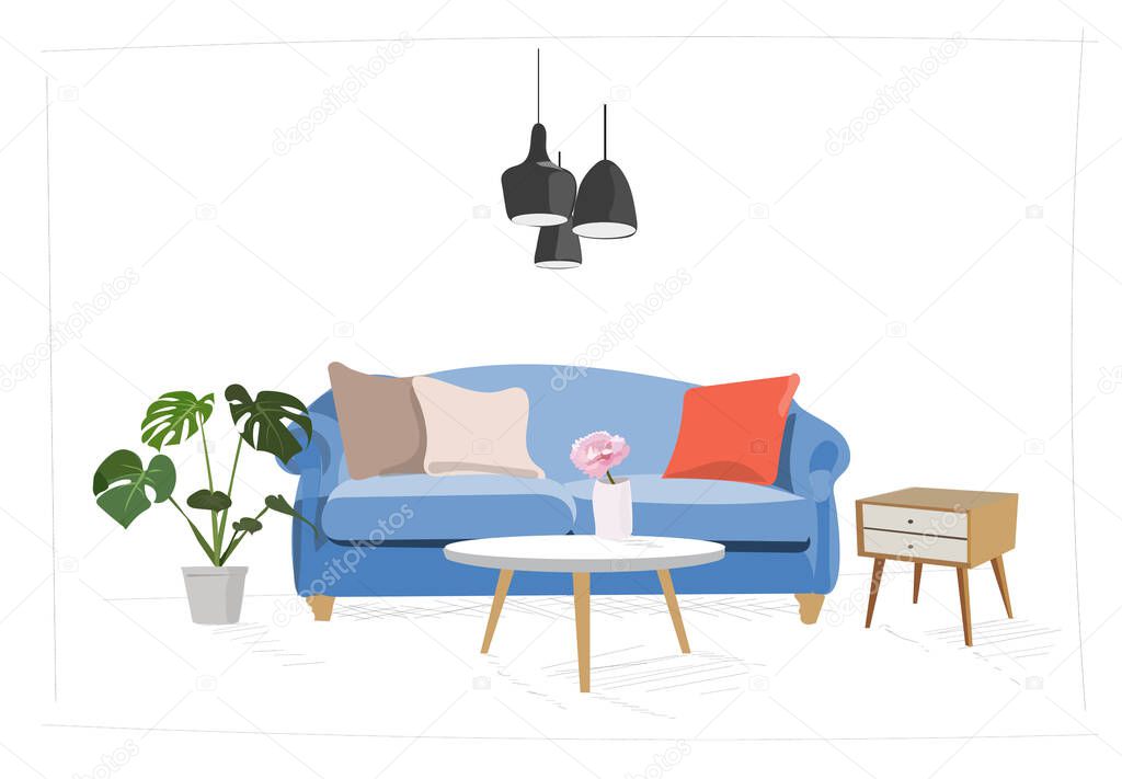 Vector interior design hand drawn illustration. living room furniture sketch.  interior design illustration.