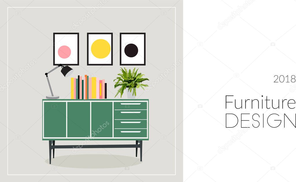 Vector interior design hand drawn illustration. living room furniture sketch.  interior design logo banner