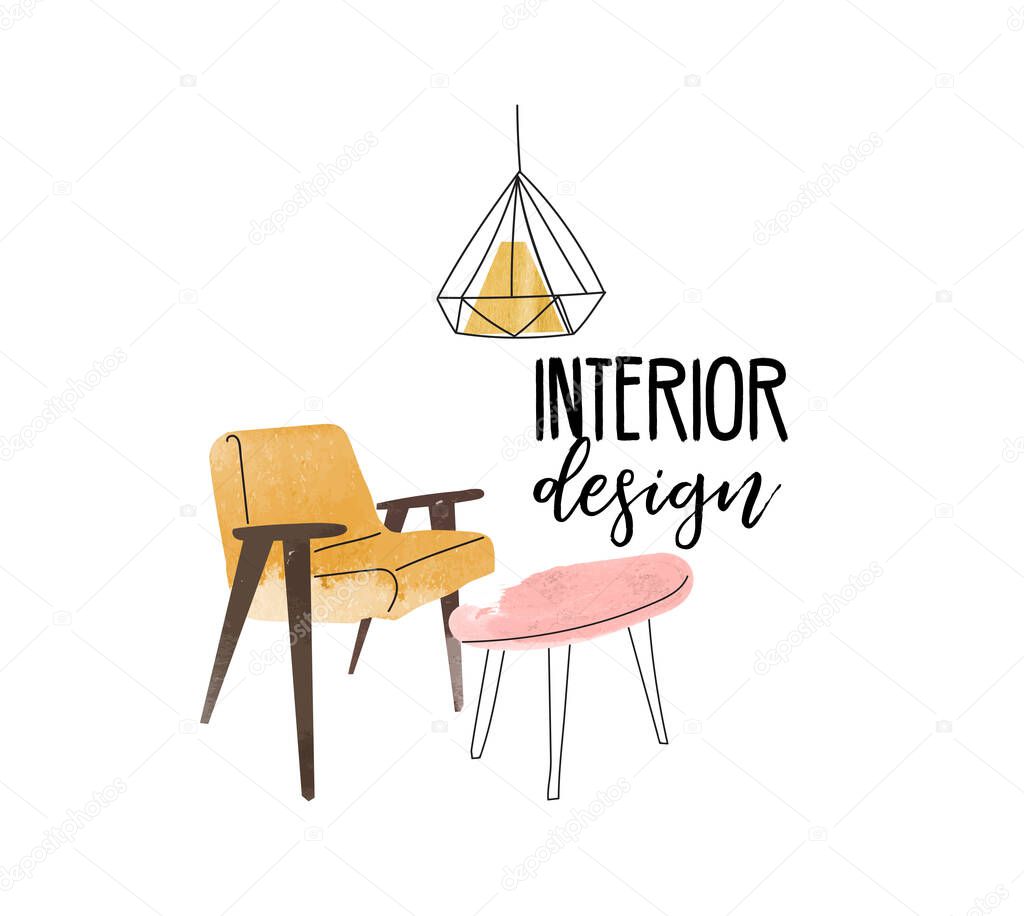 Vector interior design hand drawn illustration. living room furniture sketch.  interior design illustration.