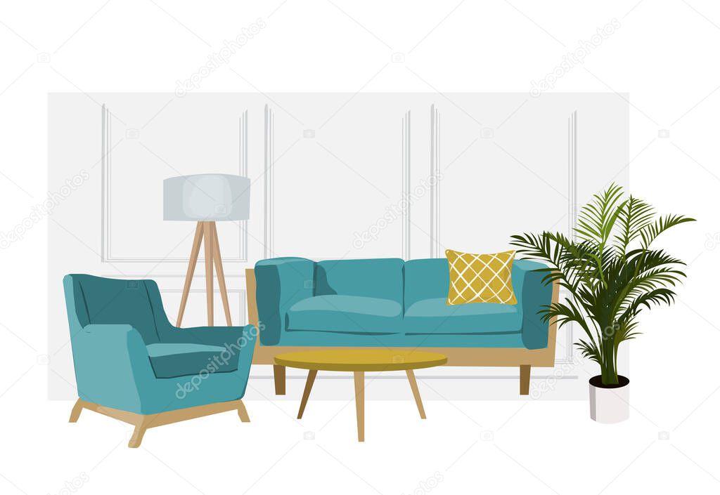 Vector interior design hand drawn illustration. living room furniture sketch.  interior design illustration.