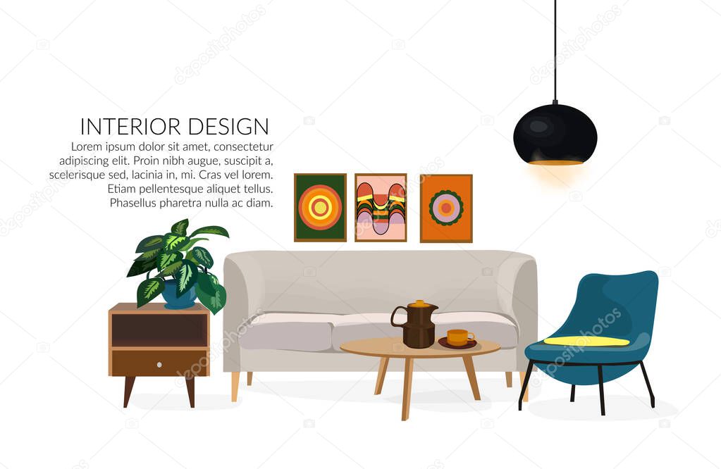 Vector interior design hand drawn illustration. living room furniture sketch.  interior design illustration.