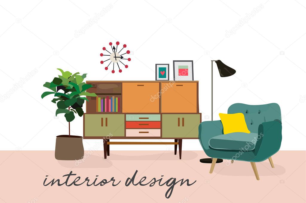 Vector interior design hand drawn illustration. living room furniture sketch.  interior design illustration.