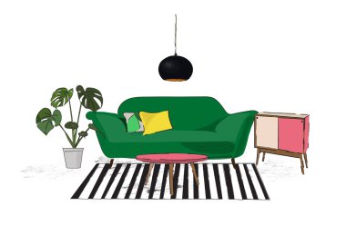 Vektör iç tasarım çizimi çizimi. Oturma odası mobilyası. orta yüzyıl modern. 