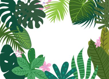Vektör tropik yaz baskısı, egzotik orman bitkisi ve palmiye yaprakları çizimi. Tasarımınız için çiçek ve geometrik grunge arkaplanı.