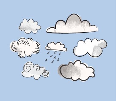 vektör çizilmiş bulutların suluboya ve kalem koleksiyonu