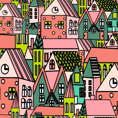 Güzel evler kusursuz desenli. Parlak, şirin köy baskısı. Basit düz evler. Çizgi film çizimi. Stylize şehir. El çizimi.